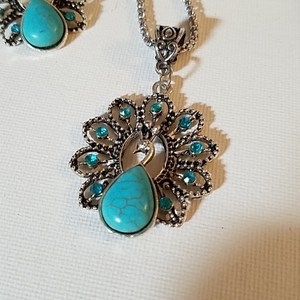 RhinestoneTurquoise Faux Silver Set of 3 Peacock - Picture 2 of 2